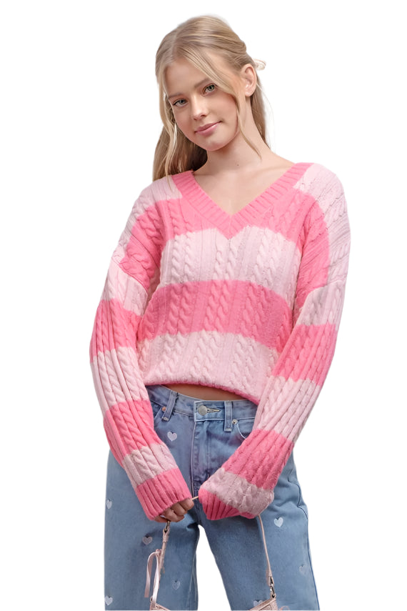 PINK STRIPE V-NECK SWEATER