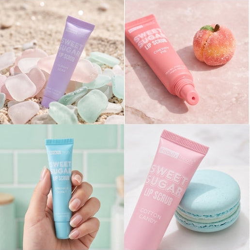 A 2x2 collage showing four cosmetic tubes in pastel colors: lavender, coral pink, sky blue, and light pink, each styled with props including ice, a peach, a hand, and a macaron on a light background.