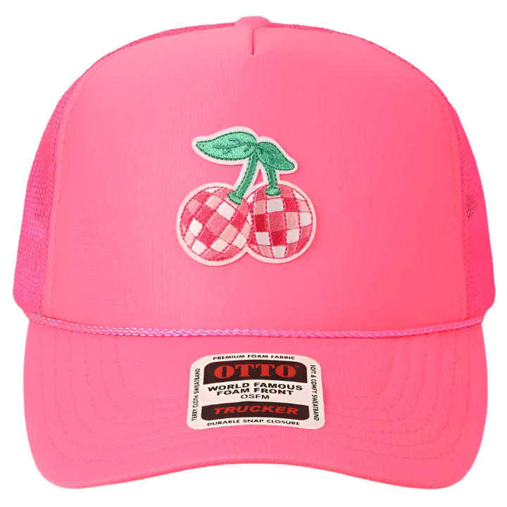 NEON PINK DISCO CHERRY TRUCKER HAT