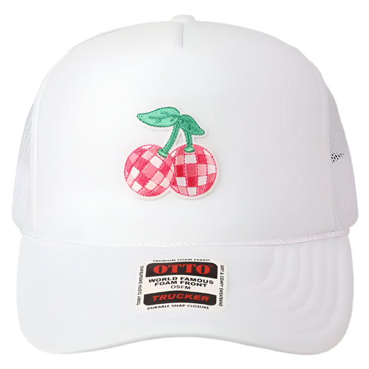 WHITE DISCO CHERRY TRUCKER HAT