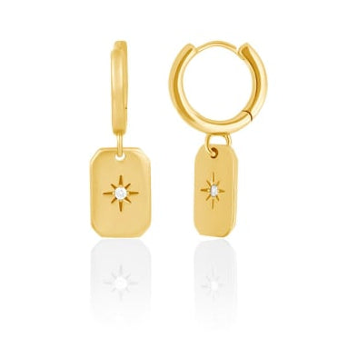 GOLD DANGLING DOG TAG HOOPS