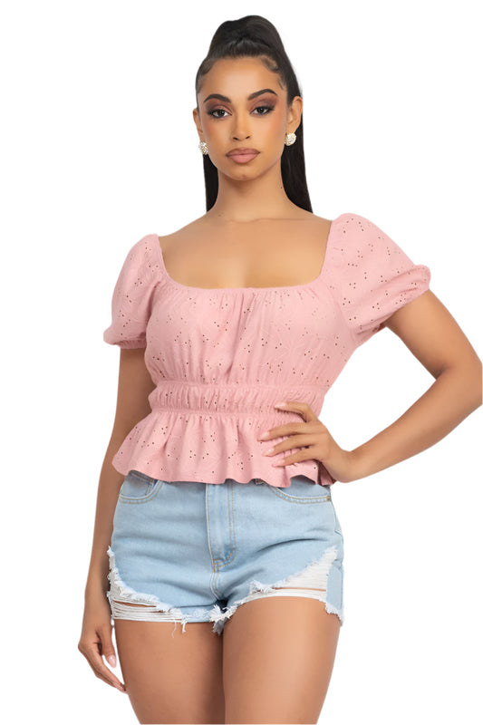 PUFF SLEEVE PEPLUM TOP - MAUVE