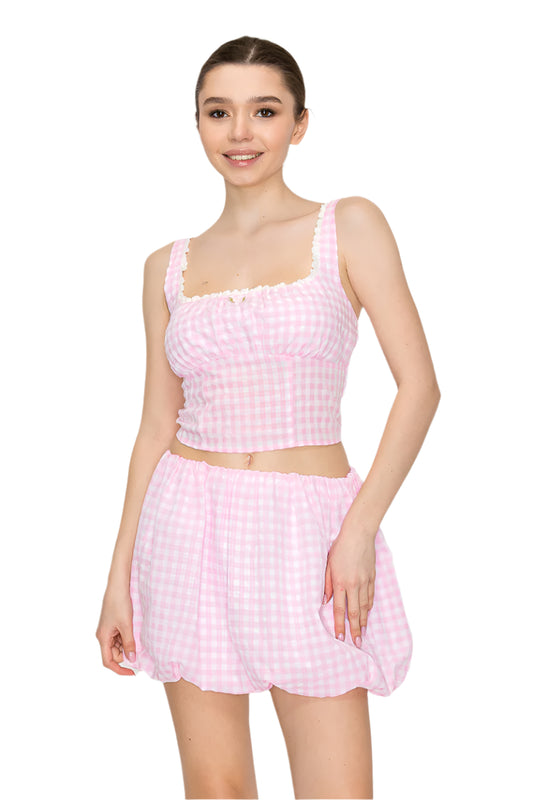 GINGHAM LACE TRIM TANK - PINK