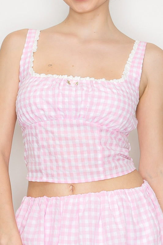 GINGHAM LACE TRIM TANK - PINK