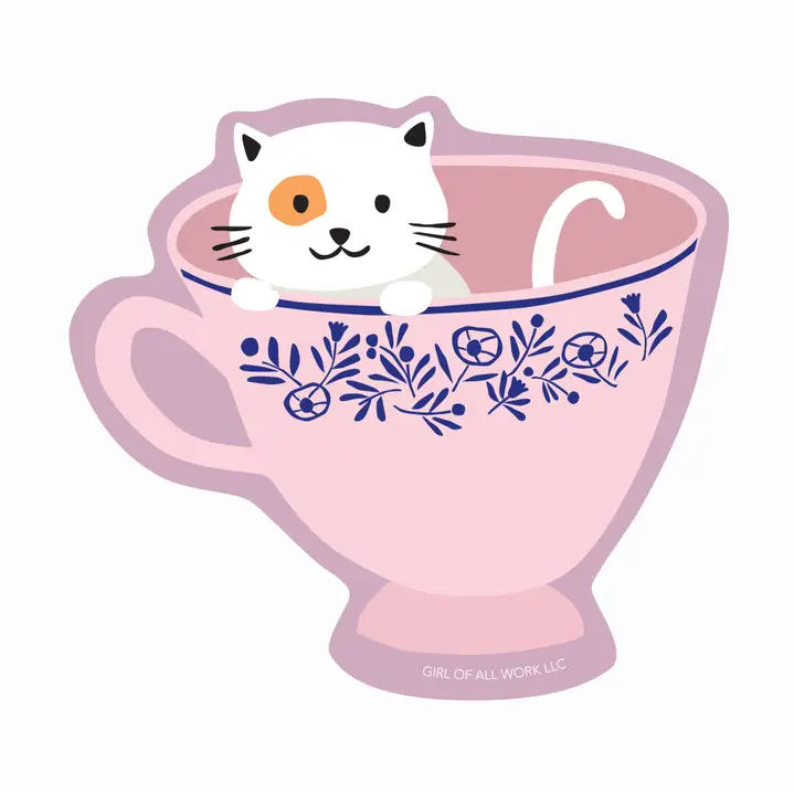 CAT TEACUP VINYL STICKER