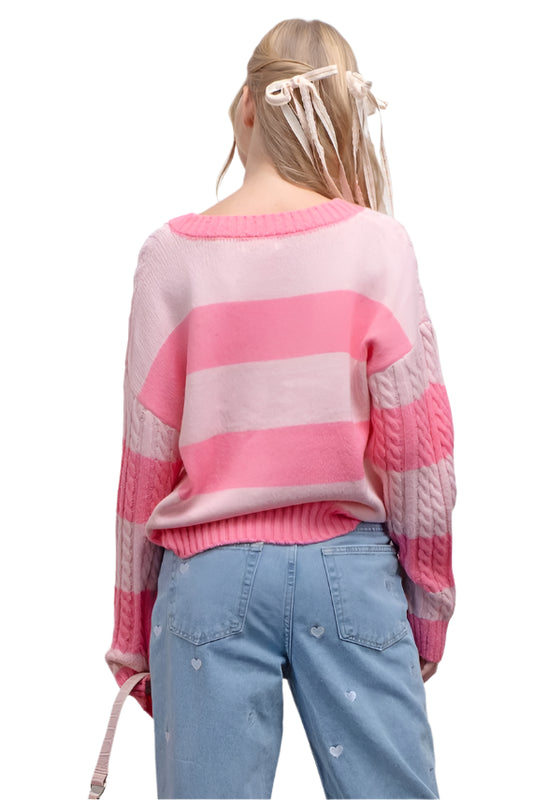PINK STRIPE V-NECK SWEATER