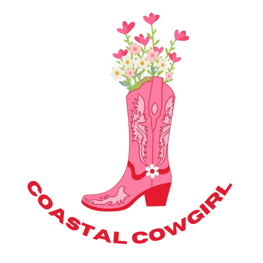 Pink cowgirl boot with flowers coming out of the boot and the words 'coastal cowgirl' below