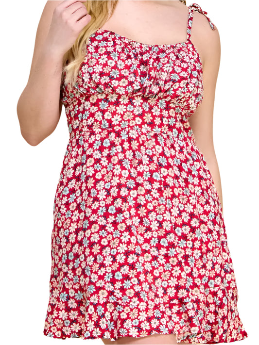 RED FLORAL TIE-SHOULDER DRESS