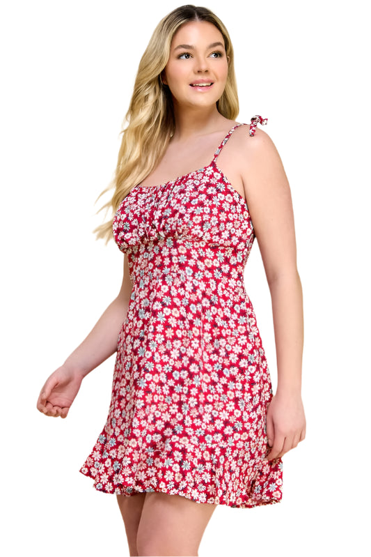 RED FLORAL TIE-SHOULDER DRESS