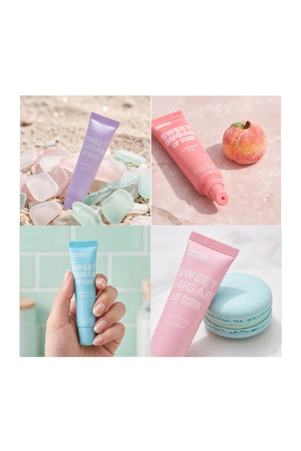 A 2x2 collage showing four cosmetic tubes in pastel colors: lavender, coral pink, sky blue, and light pink, each styled with props including ice, a peach, a hand, and a macaron on a light background.