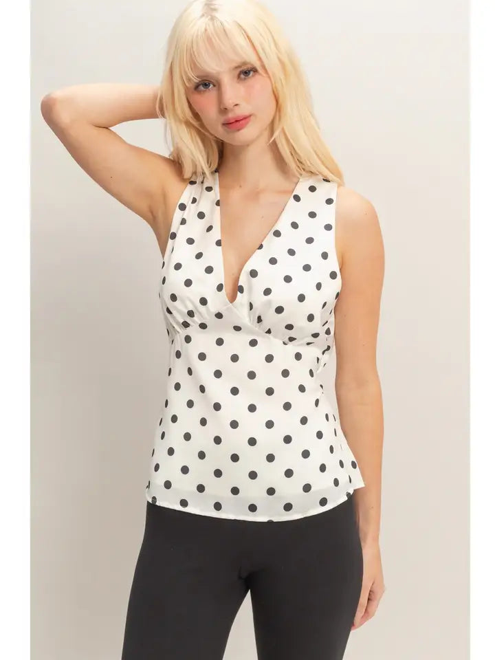 LOW-CUT SATIN POLKA DOT TOP