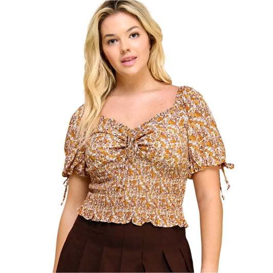 NEUTRAL FLORAL PUFF SLEEVE TOP