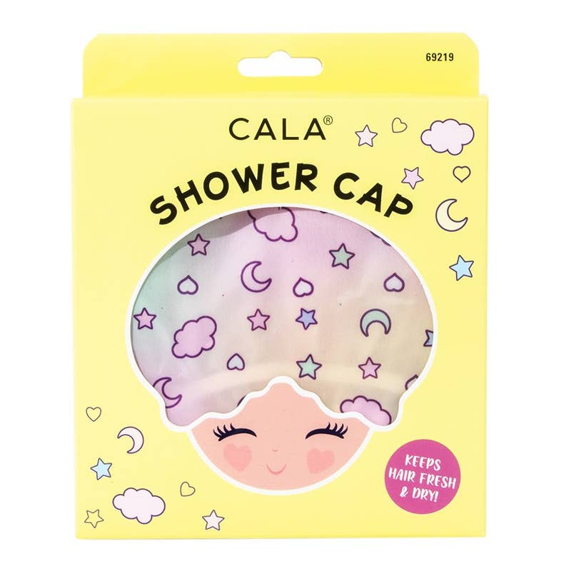 A shower cap with a cartoon character design, packaged in a yellow and white box with the brand name CALLA visible.