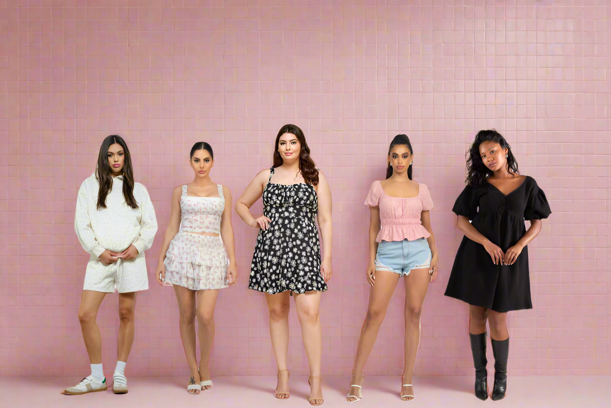 Five women wearing different outfits on a white background