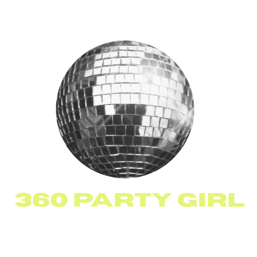 Silver disco ball with '360 Party Girl' text on a white background