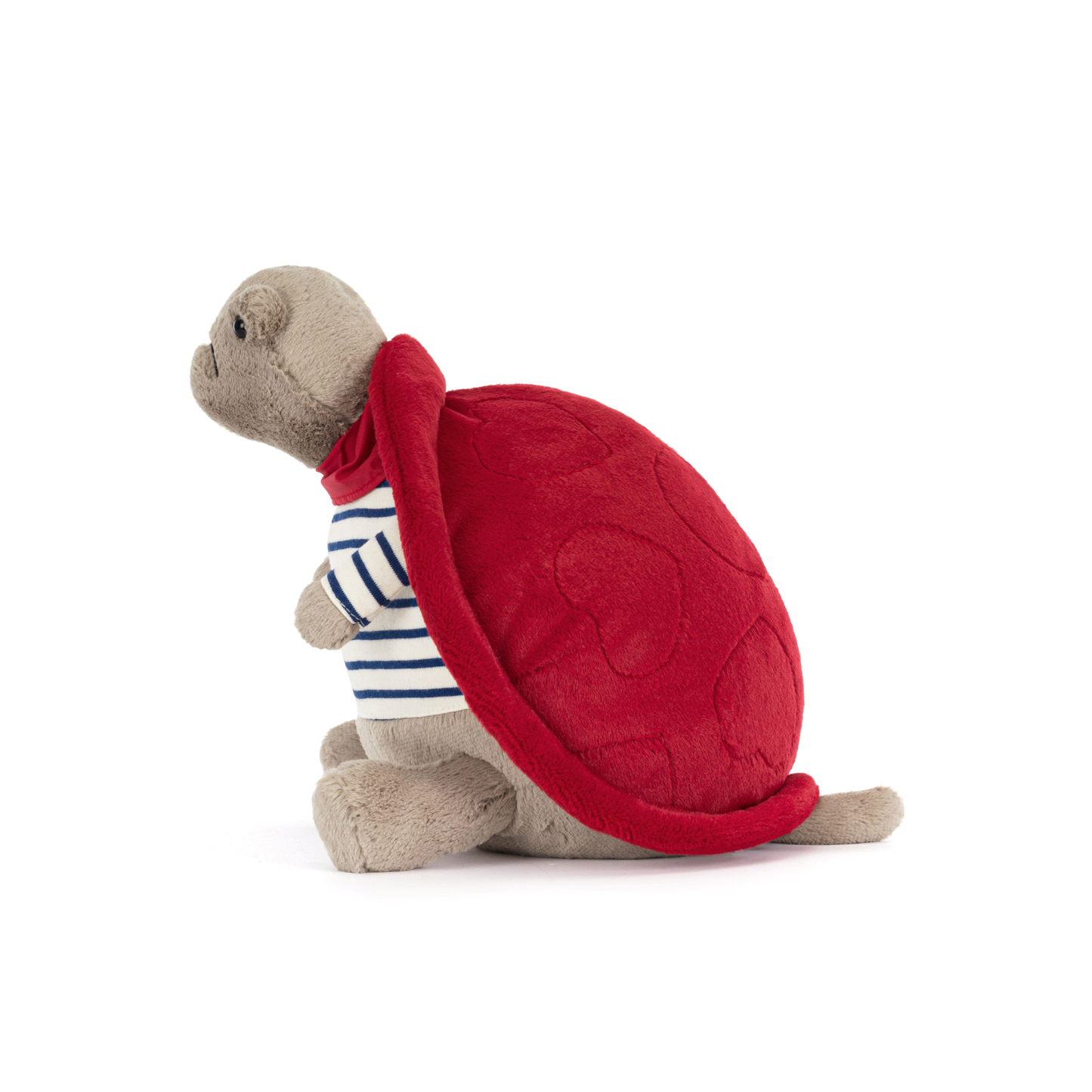 side view of Plush grumpy turtle with red shell, red necktie and blue and white stripped top on a white background