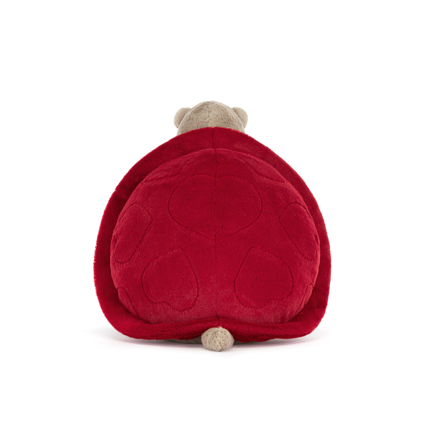 backview of Plush grumpy turtle with red shell, red necktie and blue and white stripped top on a white background