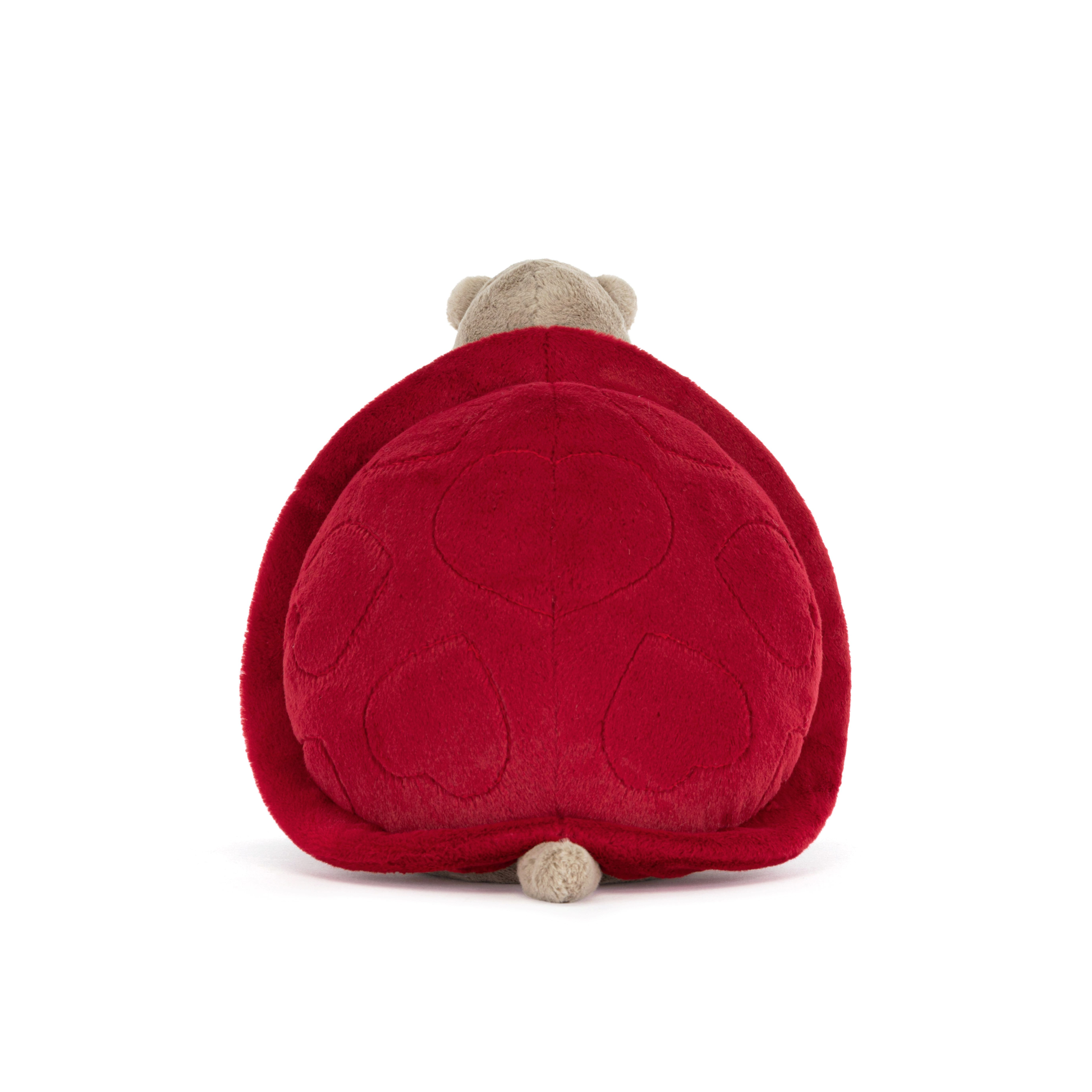 backview of Plush grumpy turtle with red shell, red necktie and blue and white stripped top on a white background