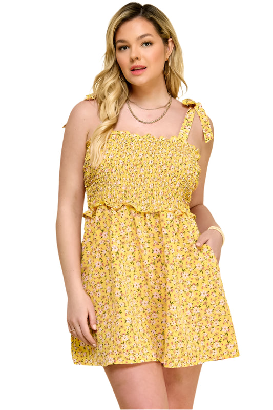 YELLOW FLORAL SMOCKED DRESS