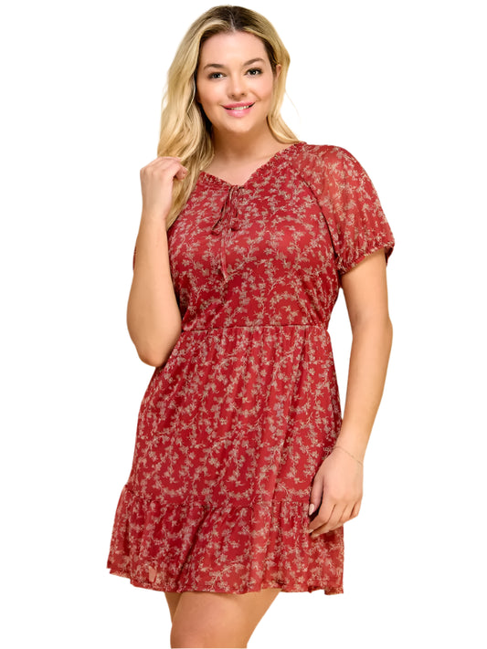 RED FLORAL MESH DRESS