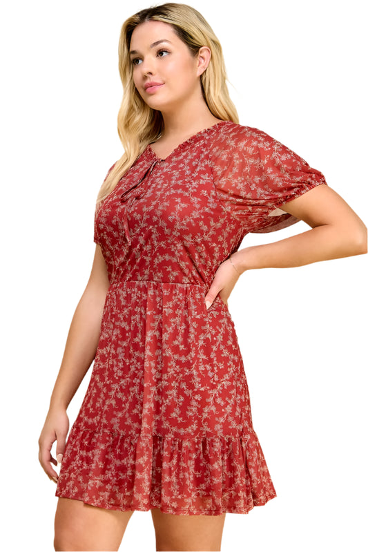 RED FLORAL MESH DRESS