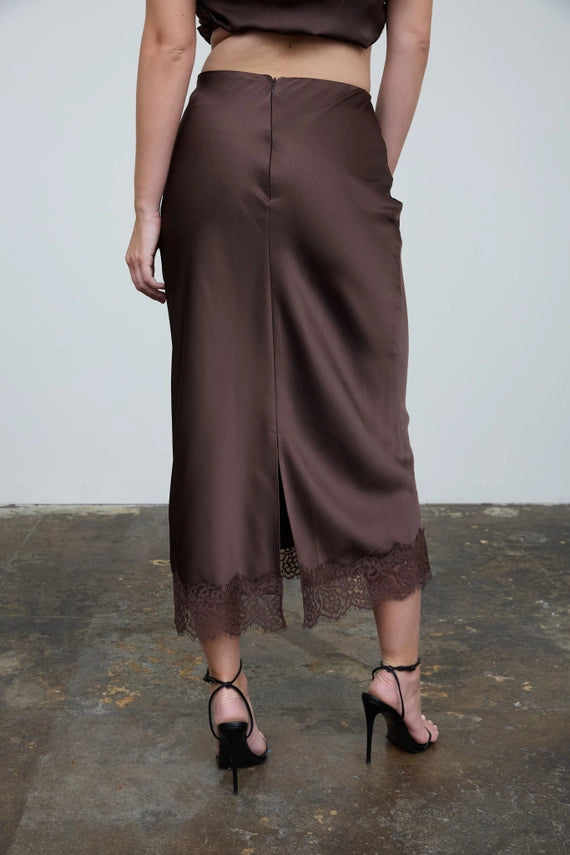 SATIN LACE TRIM PENCIL SKIRT