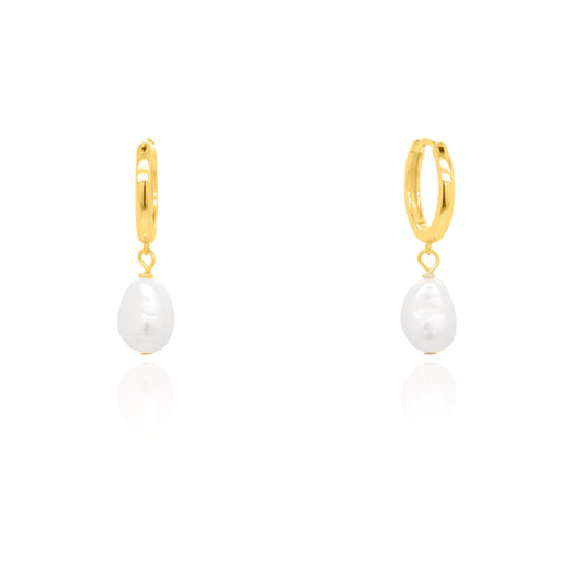 GOLD DANGLING BAROQUE PEARL HUGGIE HOOPS